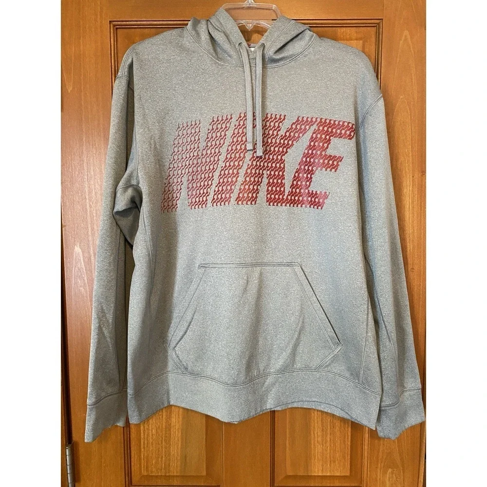 Nike Hoodie Men's Therma Fit Athletic Size Large Gray Sweatshirt Red Casual